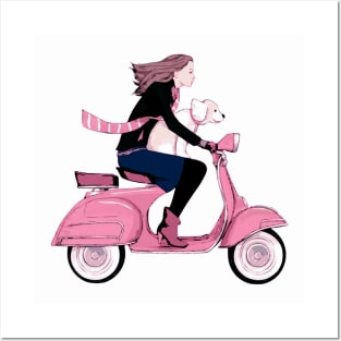 Fun Girl and Dog on Pink Scooter Posters and Art